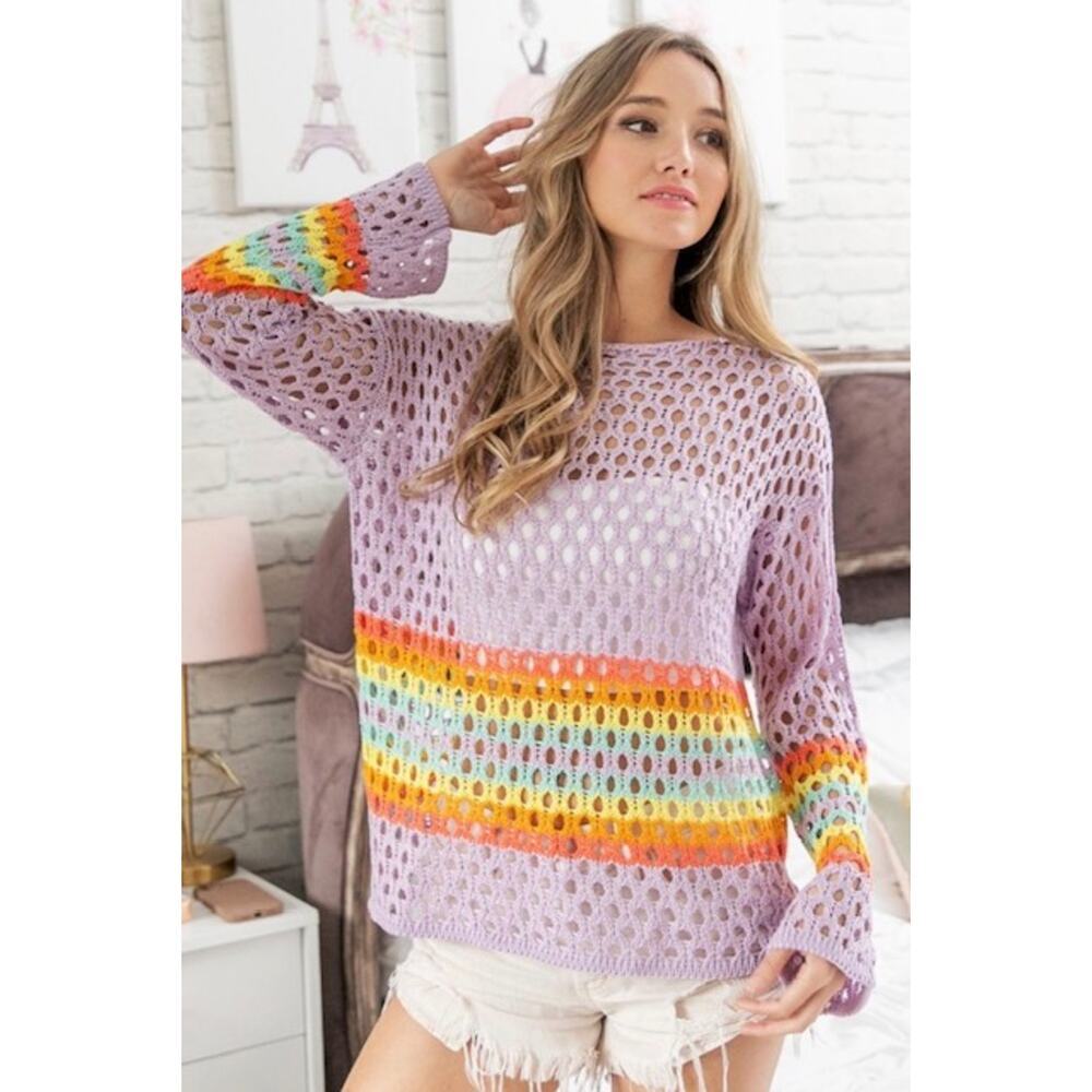 Bibi - Rainbow Stripe Hollow Out Crochet Top - Medium